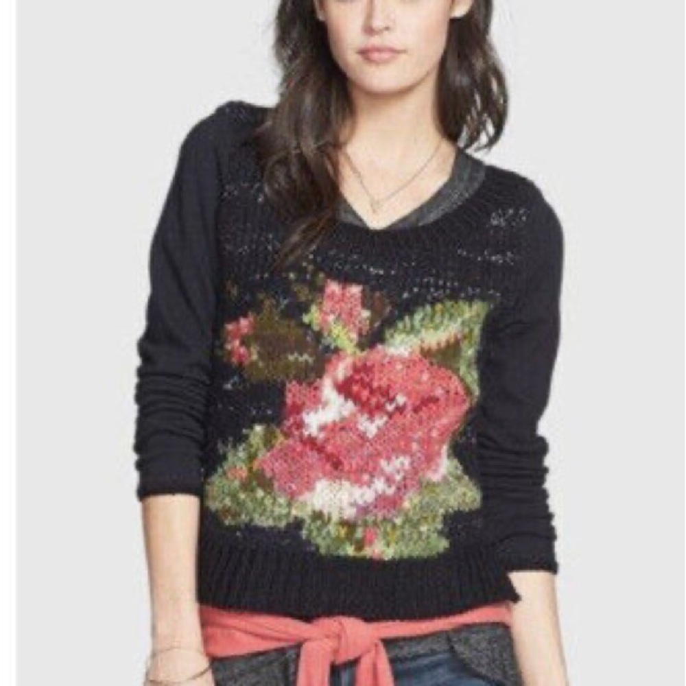 Free People In Bloom Black Crochet Sweater with Floral Print M